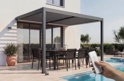 Produktbild von AGOSTA 4x3m motorisierte, bioklimatische Pergola mit LED-Beleuchtung, 250 cm hoch – Graues Aluminium