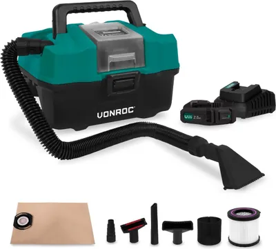 A cordless wet/dry vacuum cleaner with accessories, batteries, and a charger, displayed on a white background.