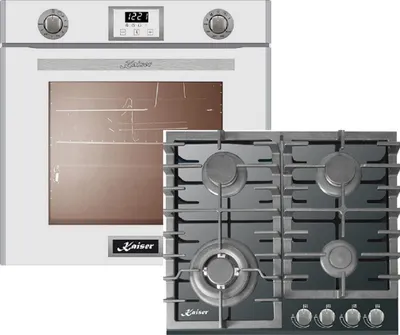 Produktbild von Kaiser Küchengeräte Gasherd-Set EG 6374 W + KCG 6383, Einbau-Backofen 60cm in Weiß/Gas Backofen/Gas-Kochfeld 60 cm/Autark/Drehspieß/Grill/Heißluft/Selbstreinigung/Erdgas/Propangas