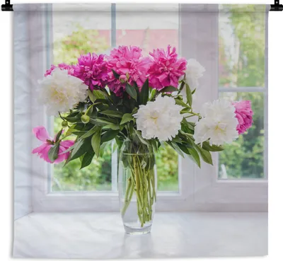 Produktbild von MuchoWow® Wandteppich Wandbehang Blumen - Pfingstrosen - Vase 60x60 cm Tapisserie Dekoration Wandtuch - Dekorationen - Wand Decke