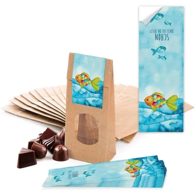 Produktbild von 10 kleine braune Papier-Tüten MIT FENSTER und Pergamin-Einlage 7 x 4 x 20,5 cm + 10 blau türkise Regenbogen-Fisch SCHÖN DASS DU DA BIST Aufkleber 5 x 15 cm Verpackung give-away25 Stück
