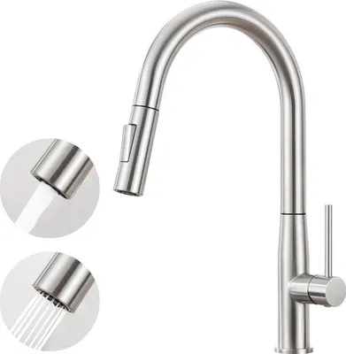 Immagine prodotto di Rubinetto da cucina, in acciaio inossidabile, orientabile a 360°, miscelatore con 2 tipi di erogazione, finitura spazzolata