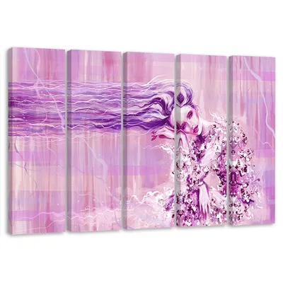 Produktbild von 5-teiliges leinwandbild langhaarige frau 100x70 cm Feeby lila wandbild bereit zum aufhängen