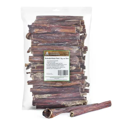 Produktbild von Kaureks Natur Hundeleckerlies, Rinderdörrfleisch Rund 1 kg, ca. 15 cm Schlund, Kausnack, Hundefutter, Kauartikel, Hundeleckerlies