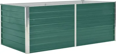 A green raised garden bed with silver metal corner supports, shown from a slightly elevated side angle against a white background.