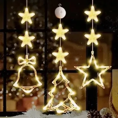 Produktbild von 3 Stück LED Weihnachtsbeleuchtung, Lichtervorhang Warmweiß Batteriebetriebene mit Saugnäpfe, , Fenster Lichterkette Innen für Weihnachten Deko, Party, Hochzeit