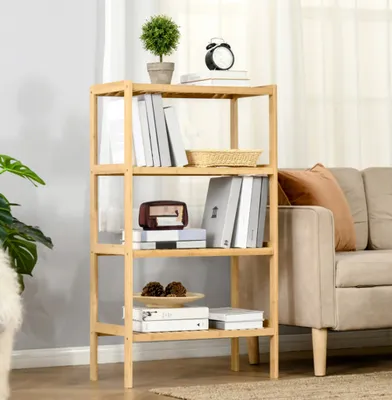 A wooden bookshelf with books and decorative items in a living room setting.