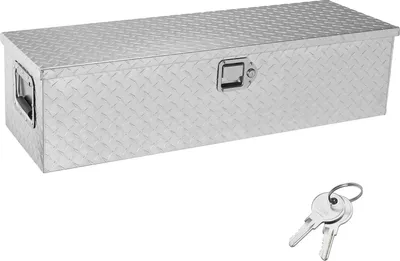 A silver aluminum toolbox with a diamond plate pattern and two keys are shown on a white background.