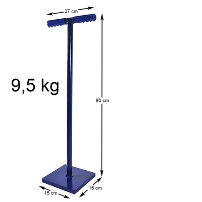 A blue concrete tamper with dimensions and weight indicated by text and lines.