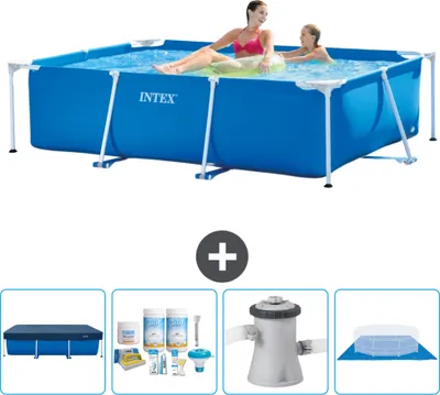 Produktbild von Intex-Schwimmbecken mit rechteckigem Rahmen – 220 x 150 x 60 cm – Blau – im Lieferumfang enthalten Abdeckung - Wartungspaket - Filterpumpe für Schwimmbad - Bodenplane