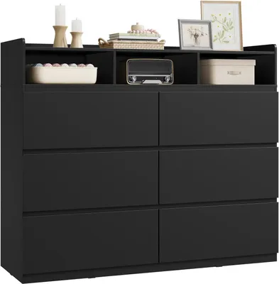 Produktbild von WOLTU Kommode, mit 6 Schubladen und 3 offenen Fächern, Moderner Schubladenschrank, 120x40x100 cm : Schwarz Farbe: Schwarz