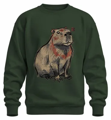 Imagen del producto de Camiseta de cuello redondo con estampado de capibara ("Wasserschwein" en alemán, que significa "cerdo de agua"), estilo Ukiyo-e japonés, diseño relacionado con el año 2000, color verde botella, talla XXL