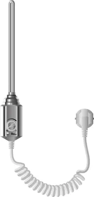 A silver heating element with a coiled white cord and a white plug against a white background.