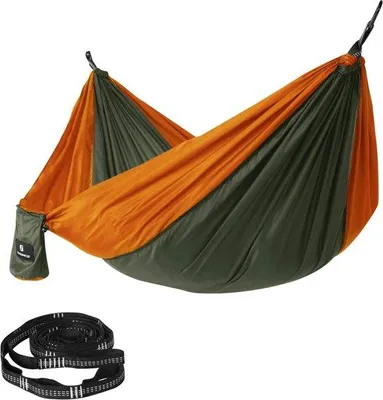 Produktbild von Famanu Campinghängematte 275 x 140 cm - belastbar bis 300 kg, inklusive Befestigungsriemen und Karabinerhaken, olivgrün-orange