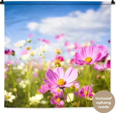Produktbild von MuchoWow® Wandteppich Wandbehang Blumen - Wiese - Lila - Gras - Weiß - Wolken - Blau 90x90 cm Tapisserie Dekoration Wandtuch - Wandaufhänger