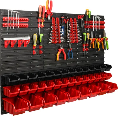 Obrázek produktu pro Skladovací systém Dílenský regál | 117 x 78 cm | 37 ks. Box | Nástěnný regál s držáky na nářadí a stohovatelnými boxy - Nástěnné desky Extra silný regál s výsypkami Nástěnná deska s otvory pro nářadí Skladovací regál Garážový regál