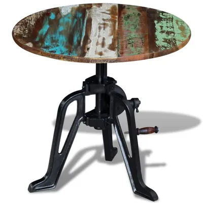 A round, adjustable height side table with a reclaimed wood top and a cast iron base.