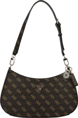 A brown Guess shoulder bag with a repeating logo pattern is shown against a white background.