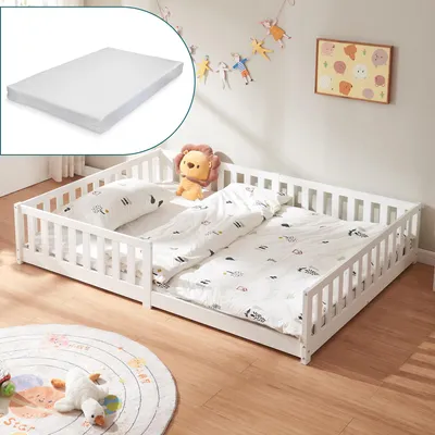 Obrázok produktu pre Detská posteľ "Tanna" podlahová posteľ s matracom 140 x 200 cm Montessori posteľ s ochranou proti vypadnutiu borovicové drevo biela