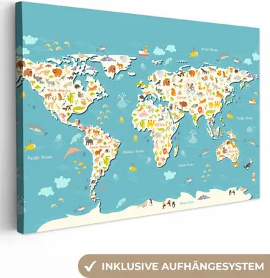 Produktbild von OneMillionCanvasses® - Leinwandbilder - 150x100 cm, Weltkarte - Kinder - Tiere - Kinder - Jungen - Mädchen, Wandbilder Kunstdruck Wanddekoration