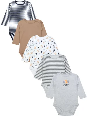 Produktbild von TupTam Langarmbody Baby Body 5er Set – Body Baby aus 100% Baumwolle, , Farbe: Beige_Streifen_Cute Bear, Größe: 86