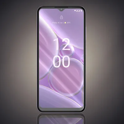 A smartphone screen displaying the time and date, with a colorful, abstract wallpaper.