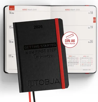 Produktbild von Taschenkalender 2026 A6 schwarz - 1 Woche 2 Seiten, Robustes Hardcover, Taschenkalender 2026 klein, Ferien & Feiertage, 2 Lesebändchen & Gummibandverschluss, Kalendervorschau 2026, Kalender 2026 a6