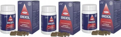 Three bottles and boxes of Erexol food supplement for men, with some capsules scattered in front.