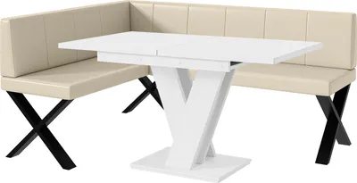 Produktbild von MEBLINI Eckbank für Esszimmer mit ausziehbarem Tisch  - Küchenbank - Essecke - Sitzecke Küche - PETER - X-Beine 128x168x87cm Links - Creme Kunstleder/M Weiß Matt