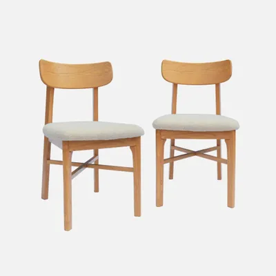 Immagine prodotto di Set 2 sedie vintage in legno di hevea e bouclé, Marrone naturale