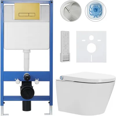 Imagen del producto de Conjunto completo para inodoro Profi/Cronus Premium - blanco brillante - Botón de descarga Slim/Dorado - Instalación empotrada - 59,3 x 38,4 cm