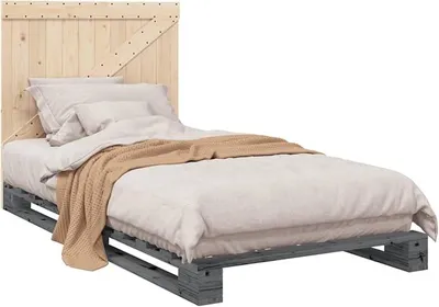 Produktbild von Bettgestell mit Kopfteil, grau, 100 x 200 cm, Kiefer-Massivholz, Bettgestell mit Lattenrost für Schlafzimmer, Bettrahmen, modernes Bett, Gestell q1