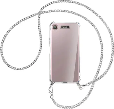 Produktbild von Handykette Backcover-Schutzhülle mit Band (Metall silberfarben) für Sony Xperia XZ1 - silberfarbene Kette