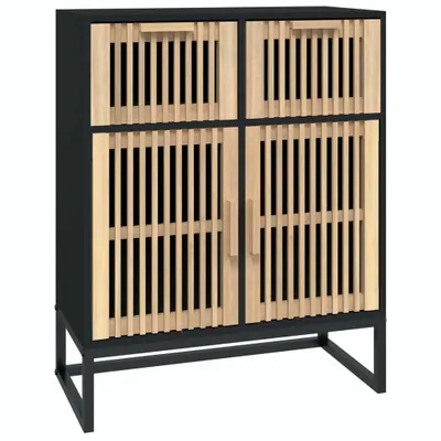A product shot of a black and wood sideboard on a white background.