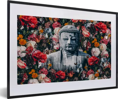 Produktbild von MuchoWow® MuchoWow® Gerahmtes Poster Buddha - Steine - Blumen 60x40 cm - Poster mit zchwarzem Bilderrahmen - Schlafzimmer - Plakat in Rahmen - Drucken