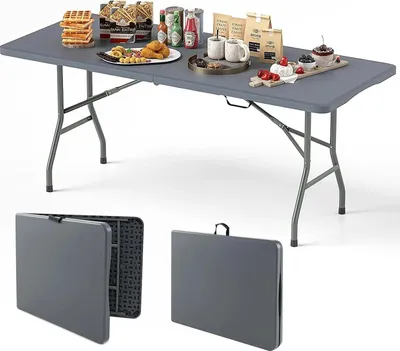 Image de Table de jardin - Table de camping pliante - Poignée de transport - Plastique - Table de balcon, de fête et de buffet - Grise