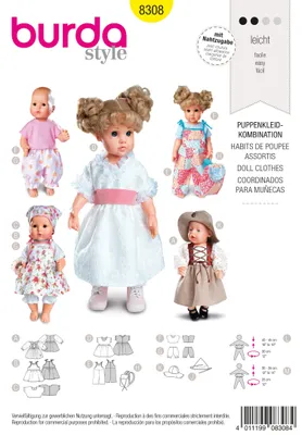 Schnittmuster Puppenkleider, 2 Größen M 30-35 cm, L 40-45 cm