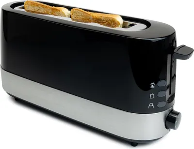 A black and silver toaster with two slices of toast in the slots, set against a white background.