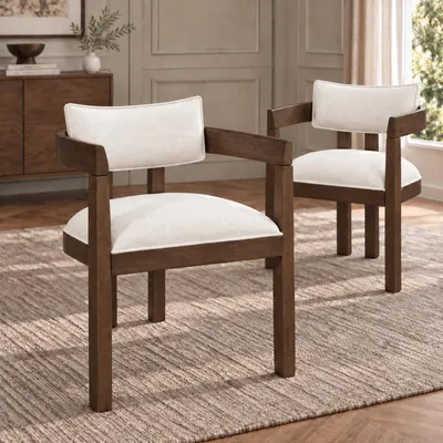Productafbeelding van Flieks Eetkamerstoelen, set van 2, keukenstoelen met armleuningen, gestoffeerde stoelen met linnen bekleding, fauteuil, 57,5 x 60,5 x 78,5 cm, walnootkleur