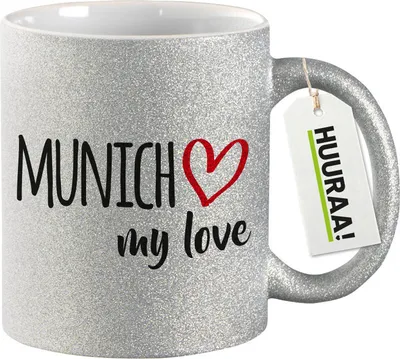 Produktbild von Huuraa Glitzertasse Munich my love 330ml Silber Keramik Kaffeebecher Geschenkidee