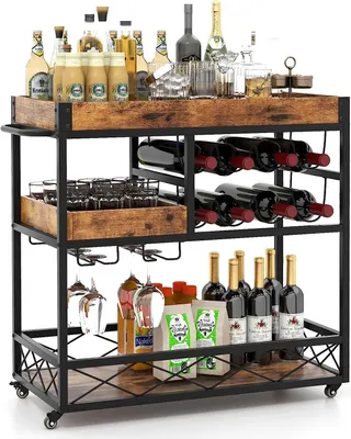Produktbild von Küchenwagen, Küchenregal mit 4 Raedern, 3 Ebenen Servierwagen mit 8 Weinregalen und Weinglashalter, Rollwagen aus Holz im Industriestil, für Küchen, Esszimmer, Bars, 94 x 40 x 82cm, braun