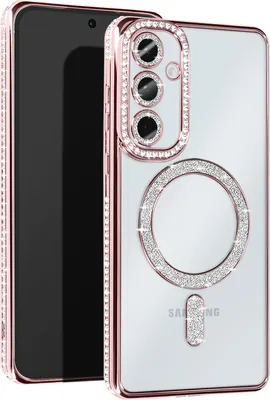 A rose gold, diamond-encrusted phone case with MagSafe protection is shown on a white background, with a portion of the phone visible.