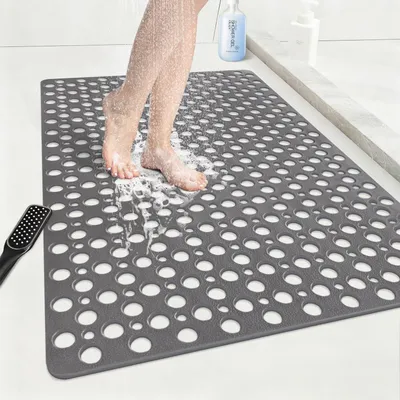 Obrázok produktu pre Protisklzová podložka pod sprchu, 60x90 cm, sivá, vyrobená z TPE, s prísavkami a odtokovými otvormi