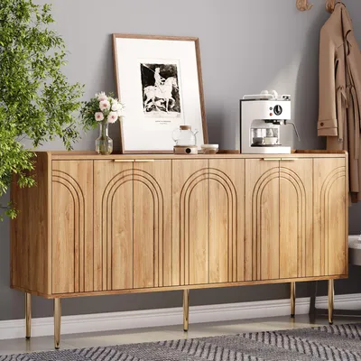 Produktbild von MODFU Sideboard Schrankmöbel mit 4 gewölbte Schranktüren,Beistellschrank mit verstellbaren Einlegeböden,Anrichte mit gewölbte Türpaneele mit Struktur,Natur