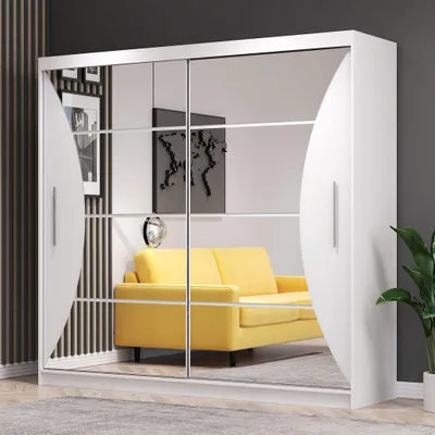 Image de Armoire à portes coulissantes Greenwich, chambre à coucher, armoire 150 cm blanc/blanc avec miroirs, poignées en PVC couleur aluminium