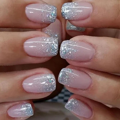 Produktbild von Künstliche Nägel zum Aufkleben, kurz, quadratisch, französisch, rosa Glitzer, 24 Stück, 12 Größen