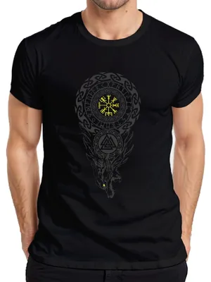 Produktbild von Wikinger Vegvísir Valknut Fenriswolf Nordisch Runen Valhalla Herren T-Shirt, Schwarz, 3XL
