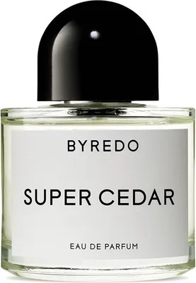 A product shot of a Byredo Super Cedar Eau de Parfum bottle.