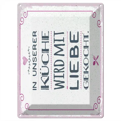 Produktbild von Blechschild Wandbild in : Brillante Farben, Größe 30 x 40 cm Motiv Blechschild Spruch 30x40 cm In unserer Küche wird mit Liebe gekocht Deko Schild