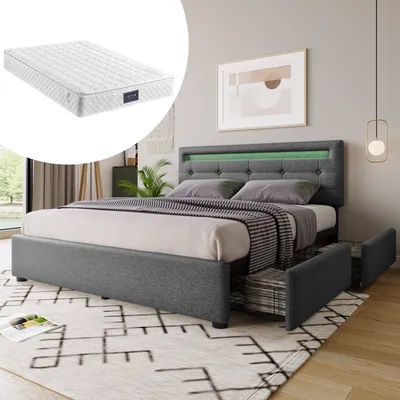 Image de Flieks Lit rembourré 140x200 cm avec matelas, lit Boxspring avec LEDs et 4 tiroirs, tête de lit réglable en hauteur